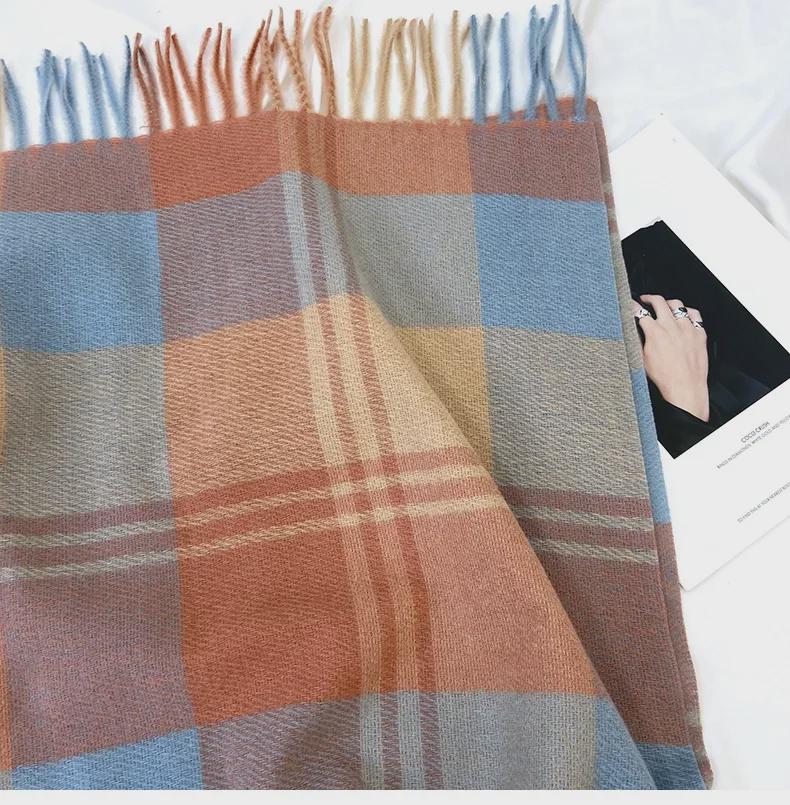 2024 Women's Winter Plaid Tassel Shawl - Korean-Style Thick Warm Imitation Cashmere Scarf for Students and Couples
