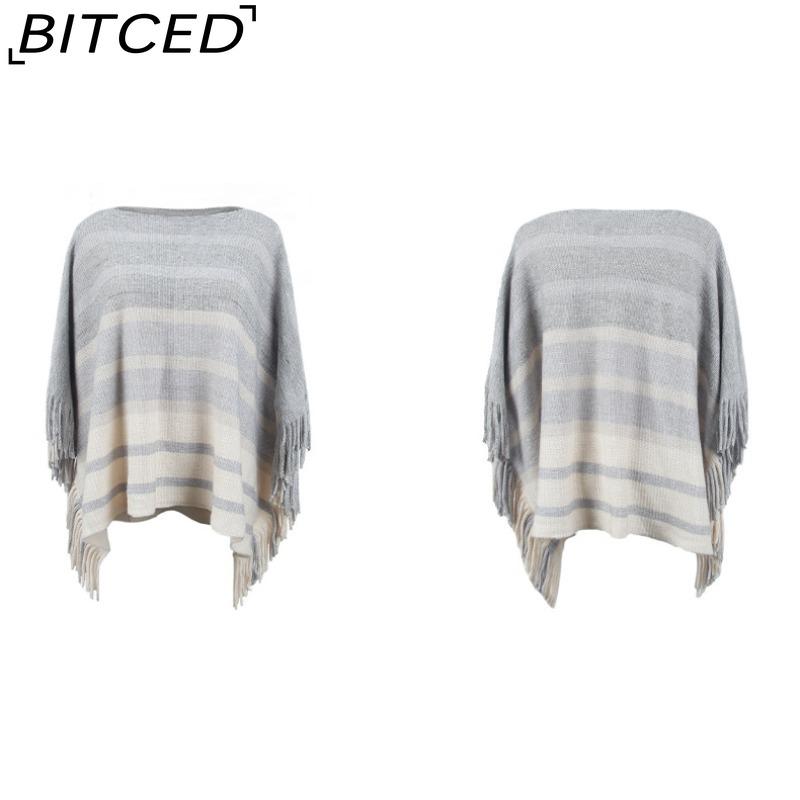 BITCED Off-Shoulder Fringe Shawl Women's Autumn Color-Block Striped Cape Coat