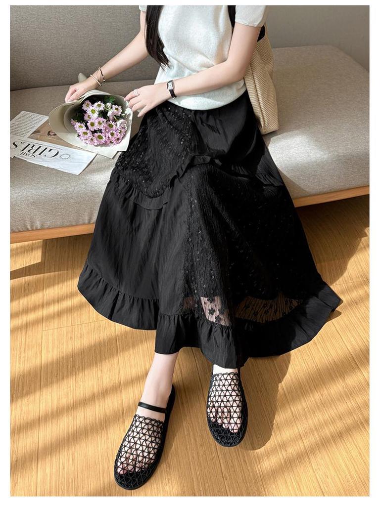 Women's White Lace Ruffled Midi A-line Cake Skirt - 2026 Spring/Summer