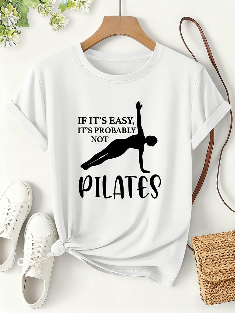 Pilates T-Shirt Damen Lustiger Buchstaben Aufdruck Grafik T-Shirts Sommer Kurzarm O-Ausschnitt Lockere Oberteile Training Yoga Fitnessstudio Kleidung Y2K