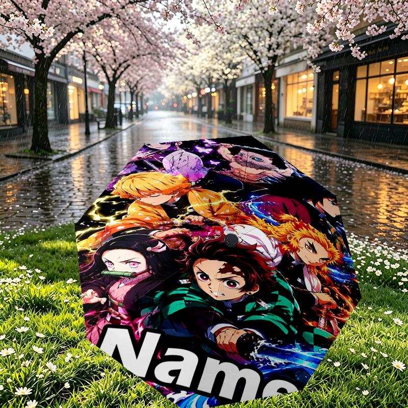 Custom Name Personalized Demon Slayer Print Umbrella, Auto Open Close, 8‑Rib Sturdy Frame, Commute Camping Hiking Use, Birthday Gift