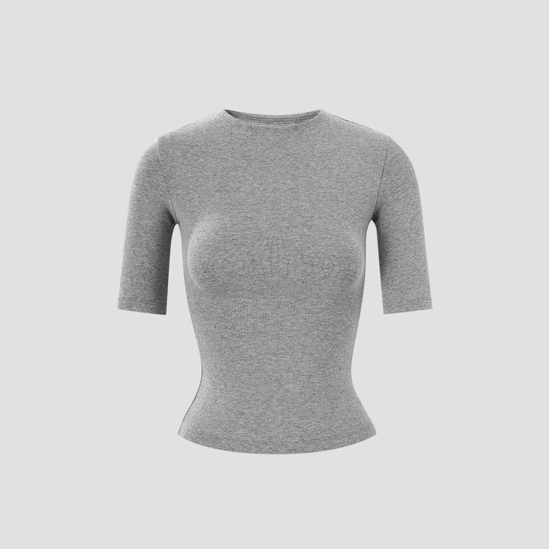 Spring and summer new waist and thin five-quarter-sleeved shoulder T-shirt slim-fit solid-color round neck short-sleeved multi-color top women