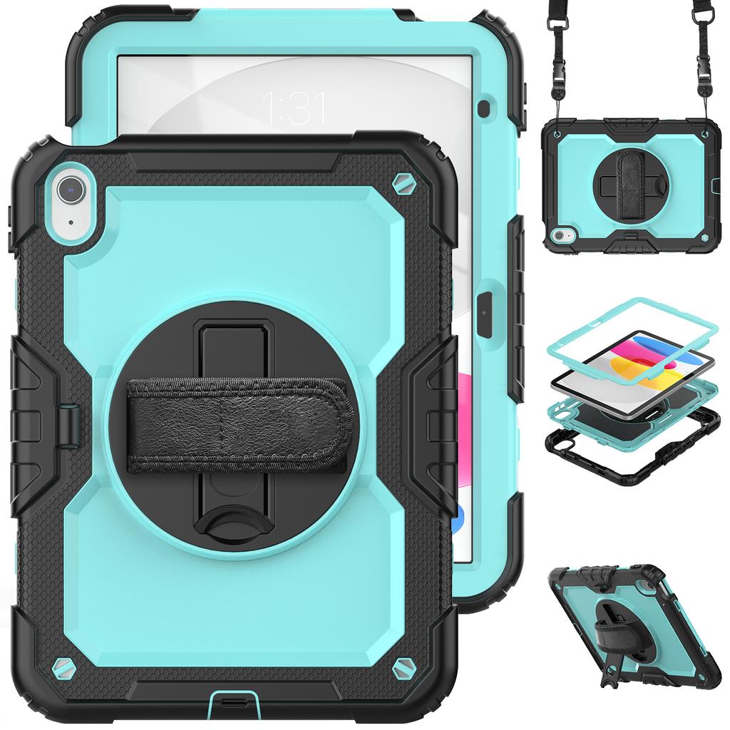 For IPad 10th Generation Case 10.9 Inch , Military Grade Shockproof Protector Silicone Cover Pencil Holder+Handle Shoulder Strap