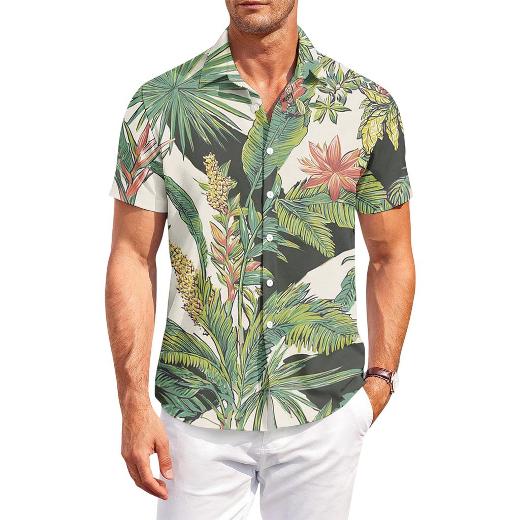 Casual losvallend herenshirt met korte mouwen, tropische bloemenprint, knoopsluiting, voor zomer, strand, buiten