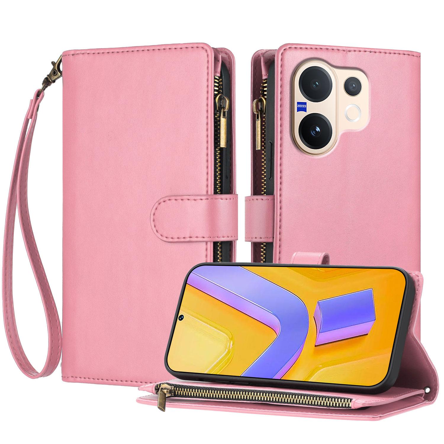 

For vivo V60 5G Leather Case Zipper Wallet Stand Shockproof Phone Cover with Wrist Strap