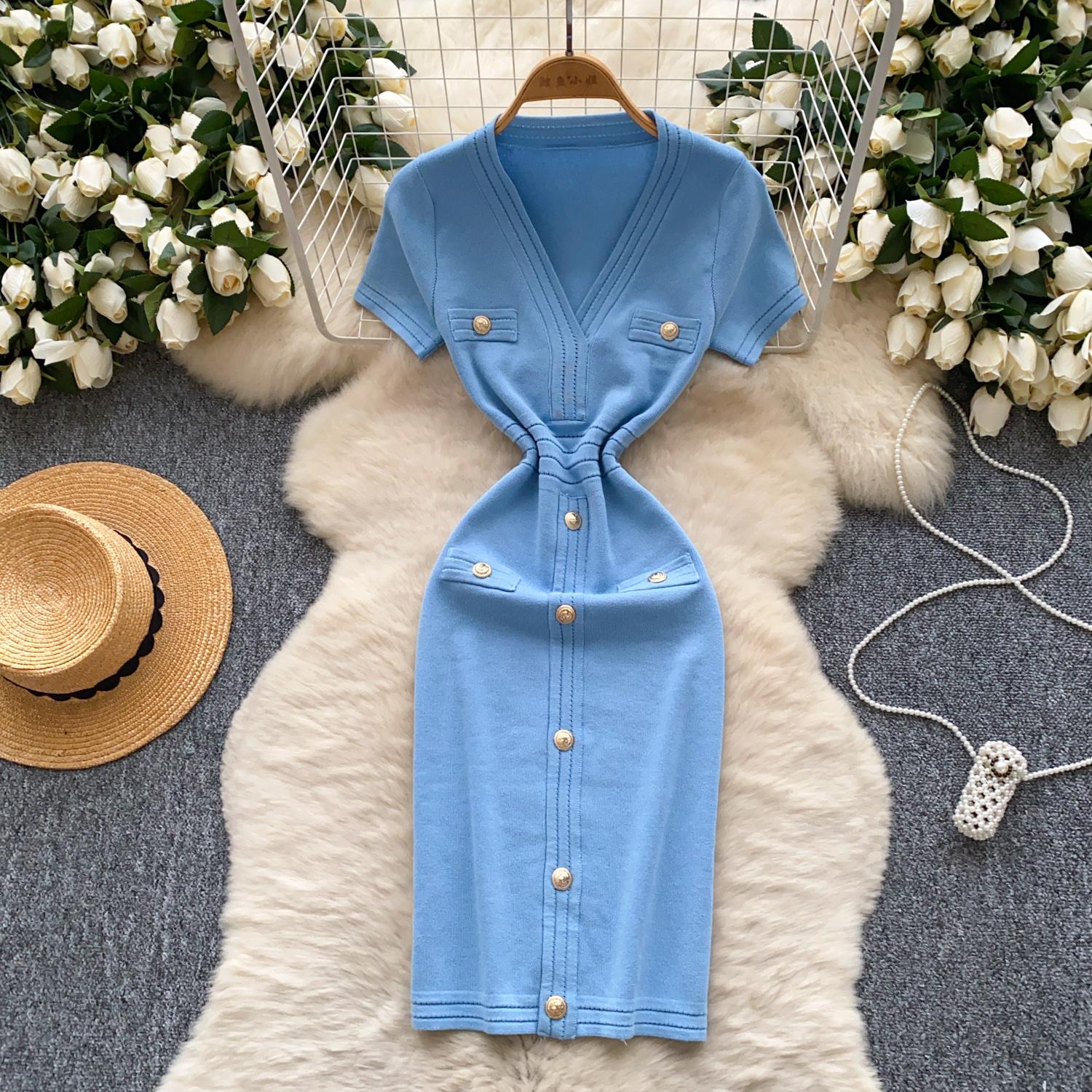 

Шикарное трикотажное однобортное платье-футляр с V-образным вырезом, винтажное платье, элегантные пляжные платья с высокой талией в корейском стиле One Size синий