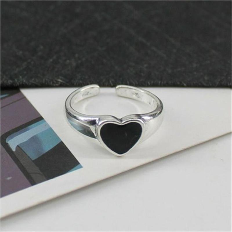 Sweet And Cool Epoxy Black Love 925 Sterling Silver Jewelry Personality Heart Shaped Fashion Temperament Opening Rings TYB010