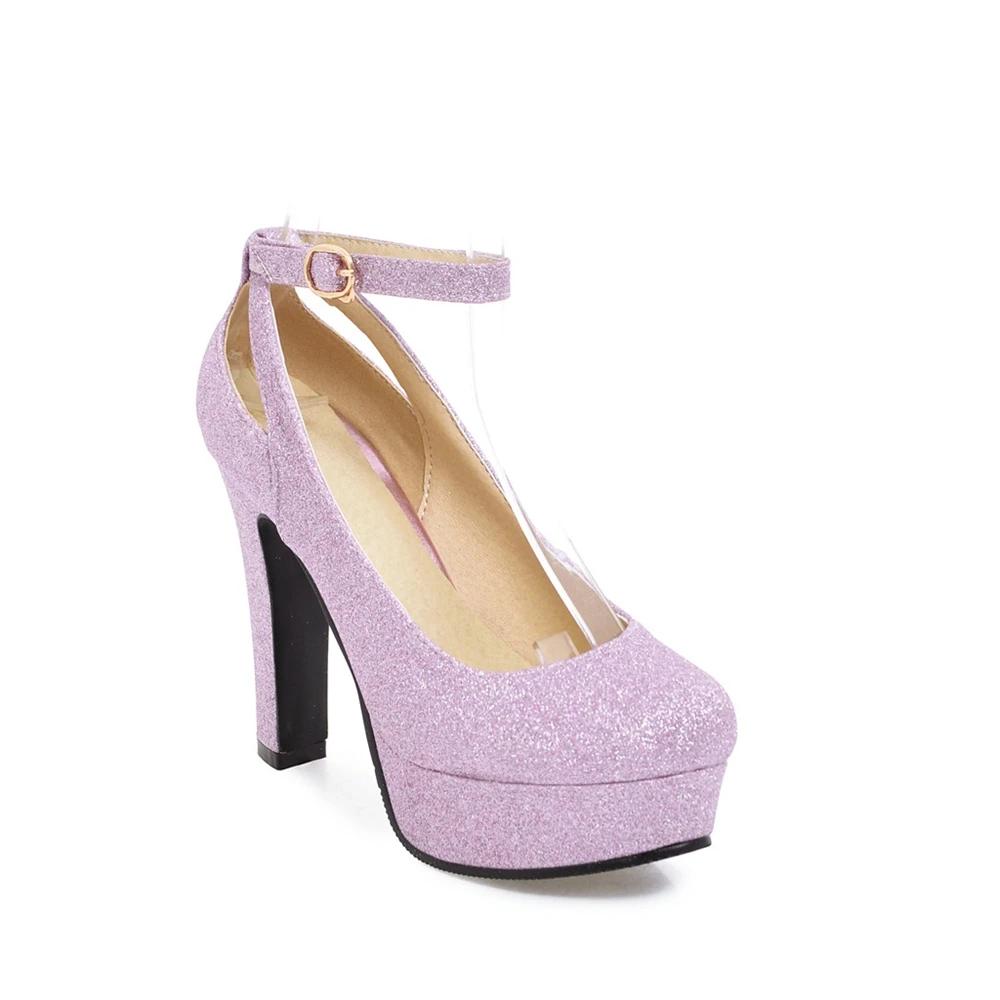 

Туфли на высоком каблуке с ремешком на щиколотке, сексуальные женские туфли-лодочки, блестящая ткань с пайетками, толстая платформа, женские вечерние туфли, пряжка, вырез, фиолетовый 38 фиолетовый