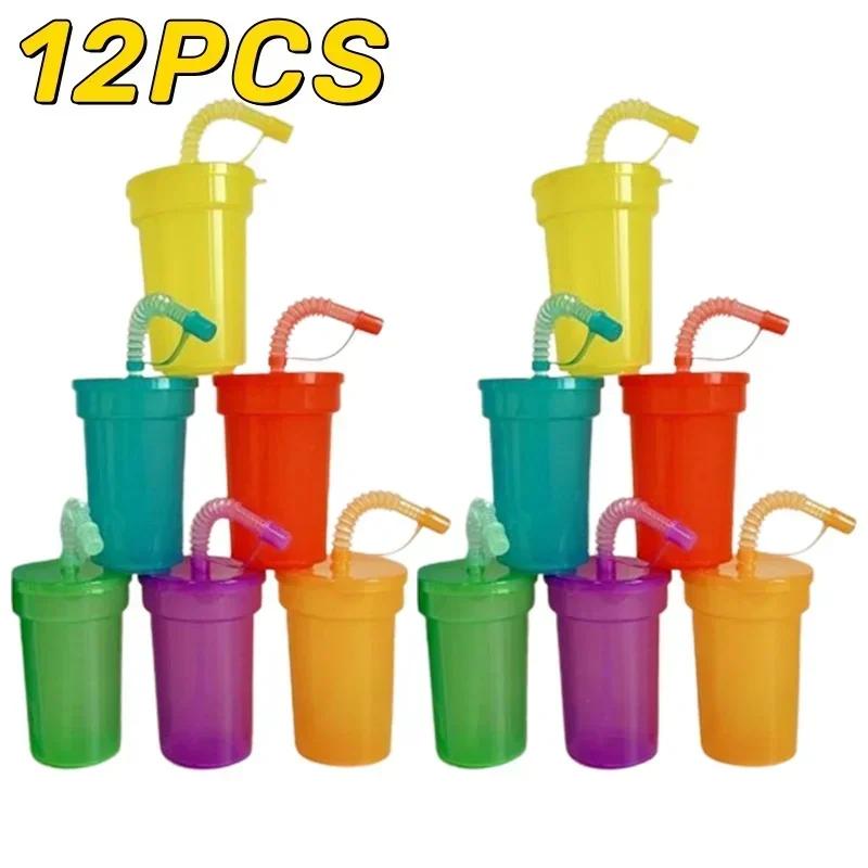 1/2/4Sets Expandable Siphon Straw Cup 6 Color Plastic Juice Mug with Leakproof Lid Portable Travel Home Kids Water Bottle Cup