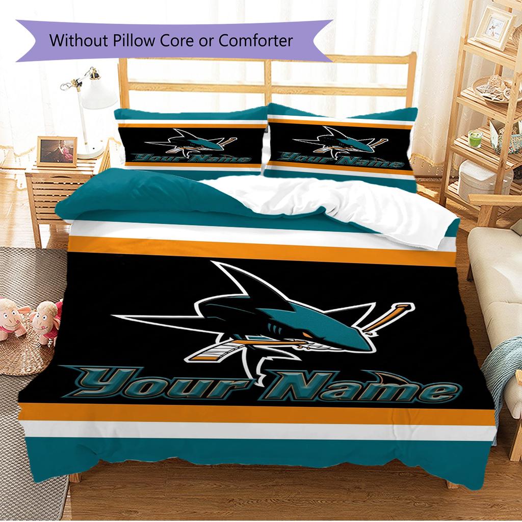 Naam Op Maat San Jose Sharks Patroon Beddengoed Set Dekbedovertrek Kussensloop Huisdecoratie Cadeau (1 dekbedovertrek + 2 kussenslopen, zonder binnenkussen)
