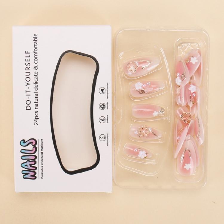 24pcs Press On Nail Short Almond False Nail With 3D Flowers Designs Glossy Artificial Full Cover Stick On Nail for Women
