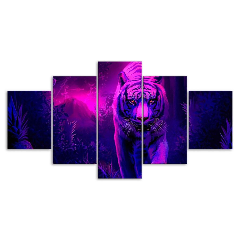 Mystic Tiger Purple Forest Scenery 5 Piece Five Panel Wall Canvas Print Modern Art Poster Picture Home Decor Gift For Him For Her