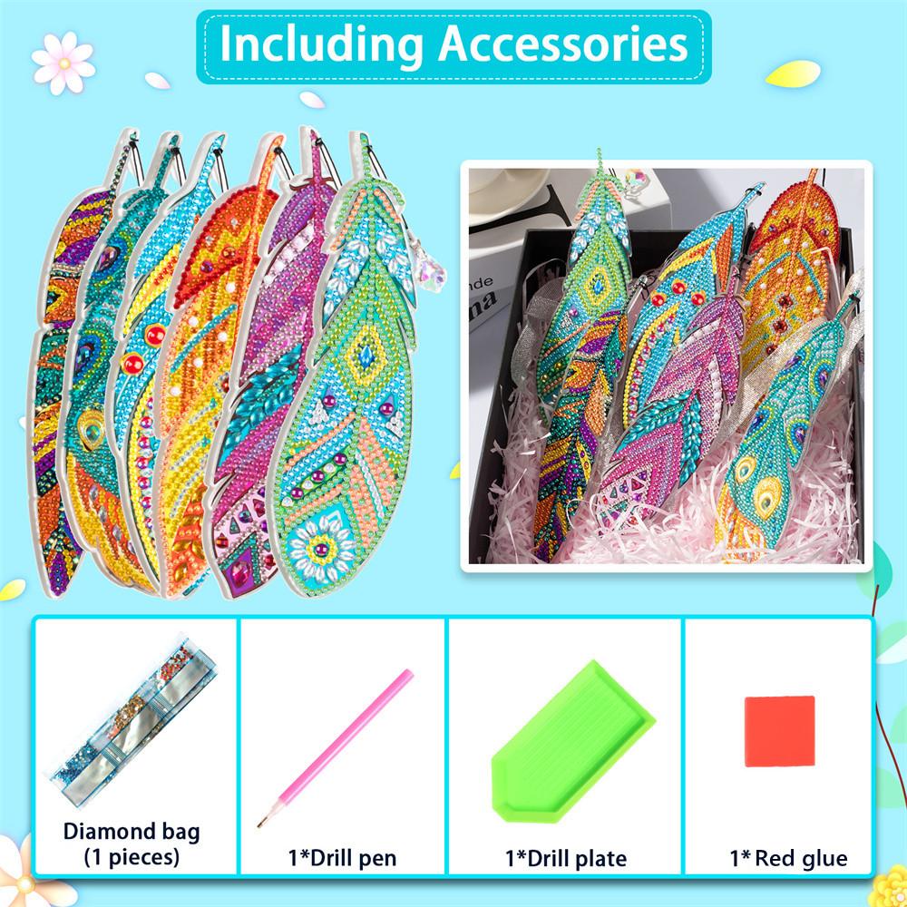 R-MSQ015-037 New Arrival 6pcs Feather Diamond Painting Bookmarks Resinstone Bookmark Pendant