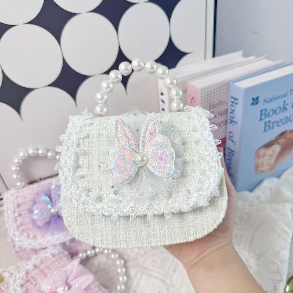 Crossbody Kids' Square Bag with Rabbit Applique and Pearl Trim