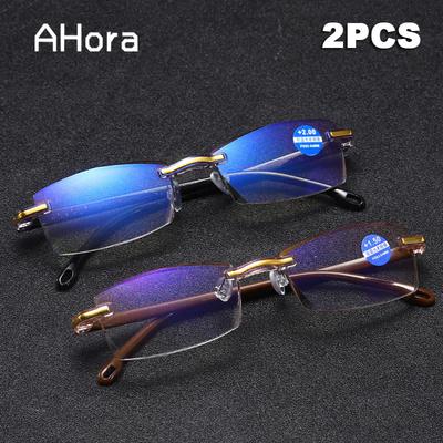 2PCS Men Women Rimless Reading Glasses Anti Blue Light Far Sighted Magnification Eyewear Presbyopic Glasses +100 +150 +200 +250