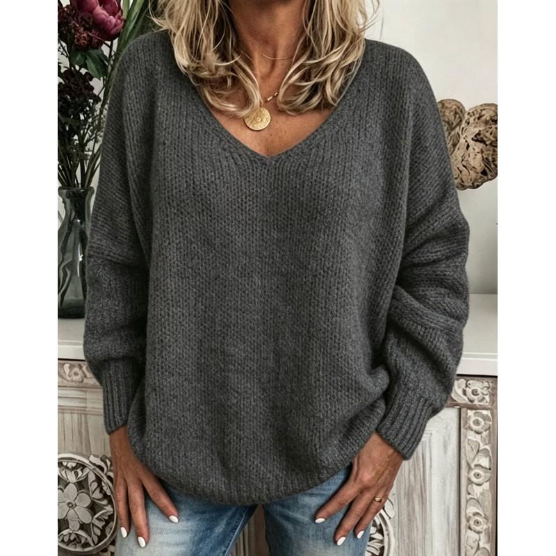 Womens V-Neck Knit Sweater Casual Street Style Long Sleeve Pullover Basic Layering Top