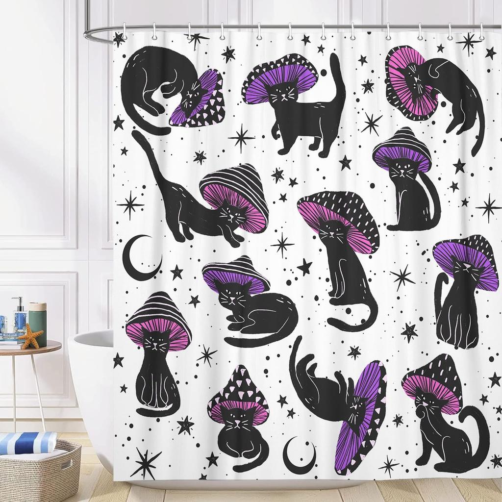 Mushroom Cat Shower Curtain for Bathroom, Cute 70s 80s Aesthetic Kids White Restroom Decor Accessories