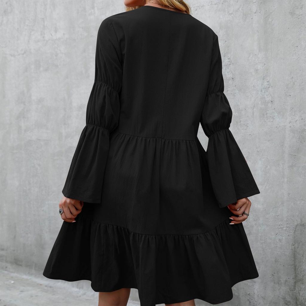 Women's Fashion Casual Color Boho Loose Dress Ruffled Long Sleeve Mid Skirt