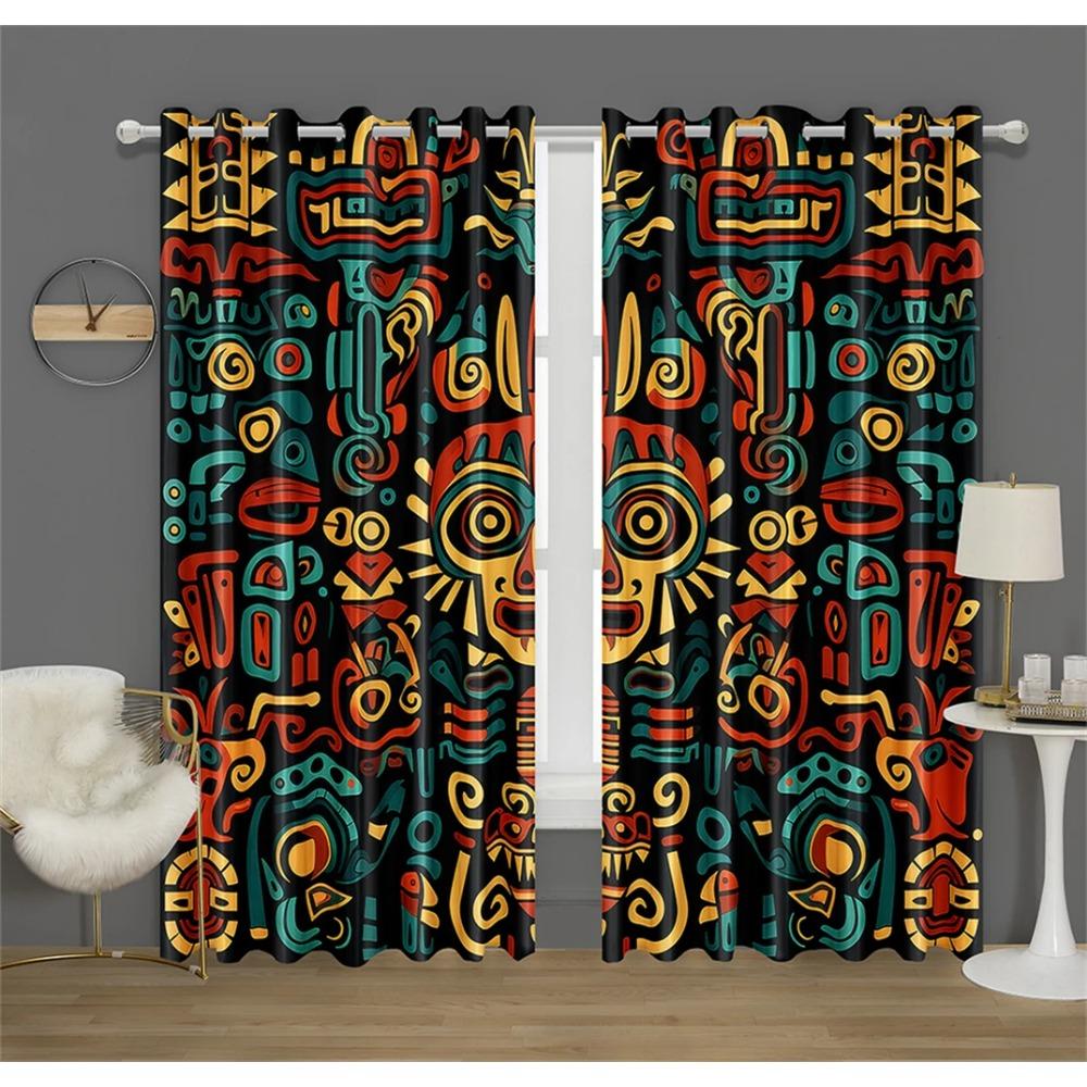 3D Aztec Pattern Decorative Curtains Masks Regional Style Print Curtains Bedroom Living Room Kitchen Decor 2 Pcs