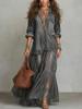 Women Denim Print Mesh Maxi Dress Casual V Neck Long Sleeve Tiered Ruffle Beach Vacation Dress