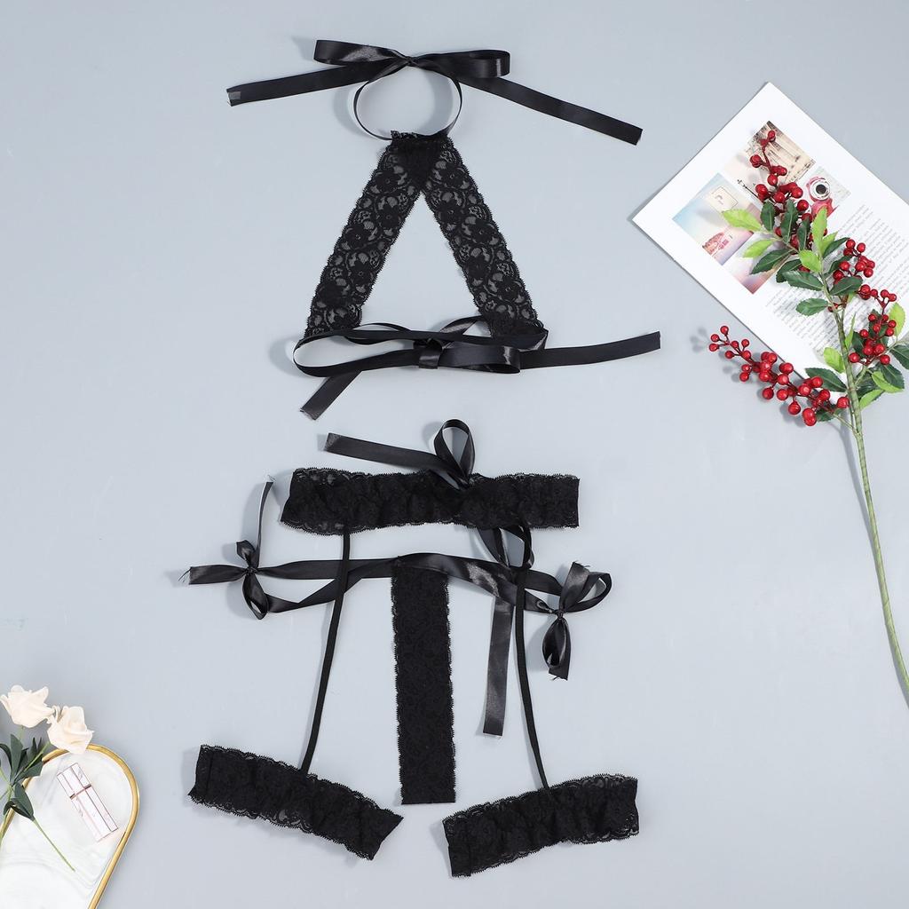 Women Lace Lingerie Set Mesh Sheer Halter Neck Bra Garter Belt and Thong Three Piece Underwear Set for Intimate Wear