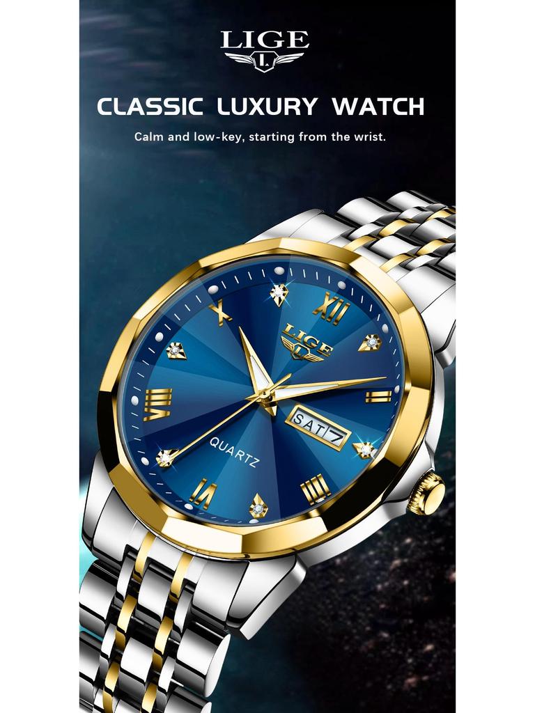 LIGE Men's Waterproof Luminous Quartz Watch – Dual Calendar, Multifunctional Business Wristwatch