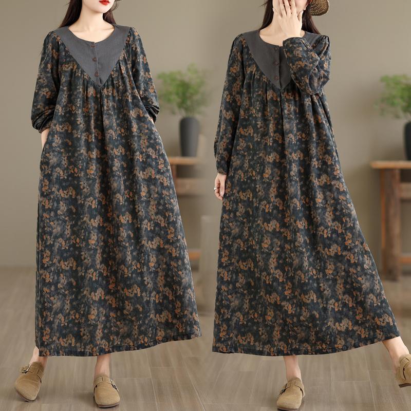DIMANAF Women Plus Size Autumn Long Sleeve Vintage Dress Floral Loose Casual Oversize Maxi Cotton Linen Dress 2025