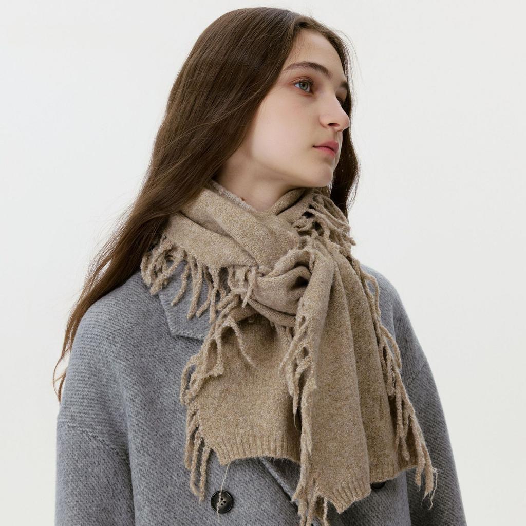 Wool Blend Fringe Scarf - Windproof Thermal Neck Warmer for Couples, Unisex Solid Color Knit Autumn Winter