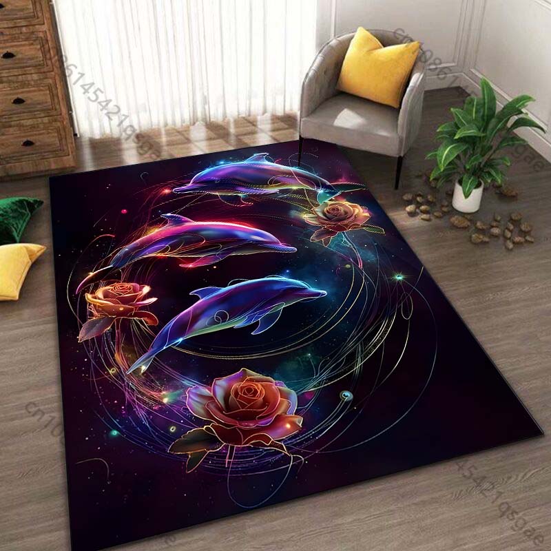 1PC Glowing dolphins and roses Print Carpet Rug for Living Room Bedroom Sofa Doormat Home Decor Non-slip Floor Mat