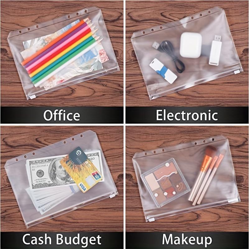 5pcs A5 Binder Zipper Pocket,6 Holes Economy Cash Envelope Transparent Zipper Folder for 6 Rings Economy Binder Notebook
