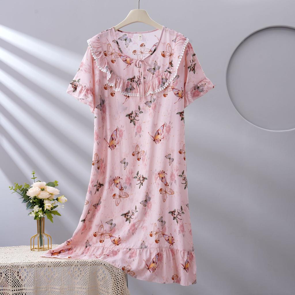 1011 new spot women's spring, summer and autumn cotton silk loose thin large version nightdress simple and comfortable loungewear