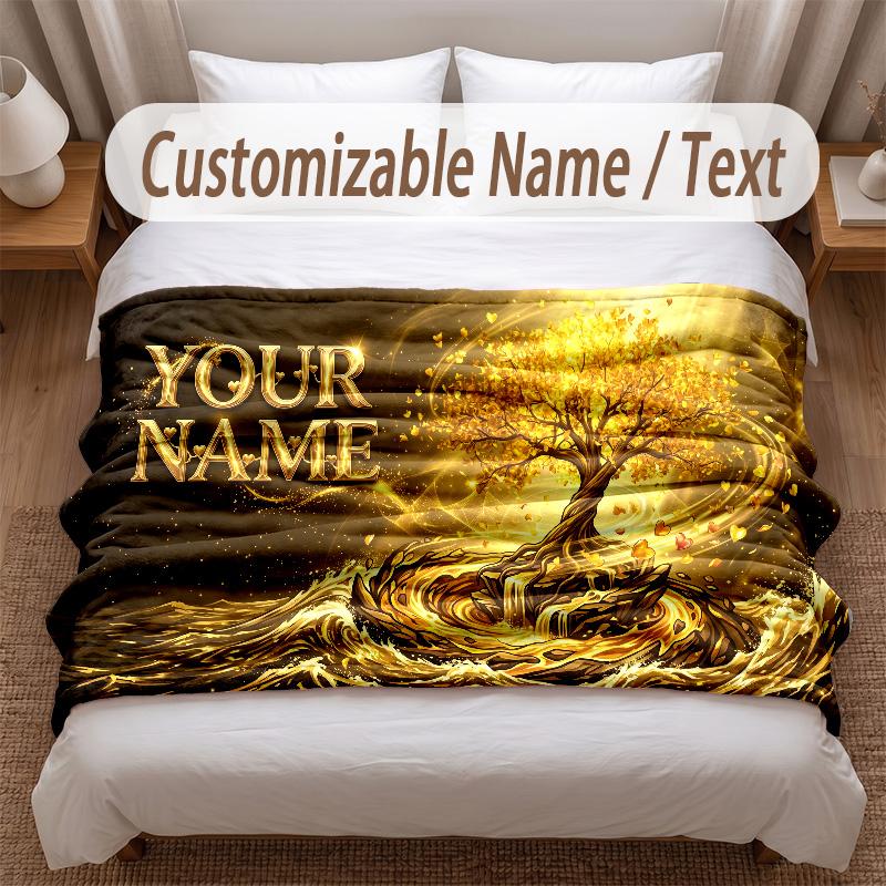 Tree of Life Theme Soft Blanket Personalized Custom Name Text Print Warm Blanket Home Sofa Bedroom Decor
