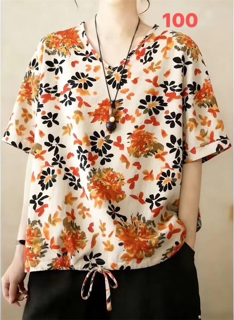 Summer Printed Short-sleeved T-shirt V-neck Cotton and Linen Loose Large-size Women's Top T-shirt Cotton and Linen Shirt