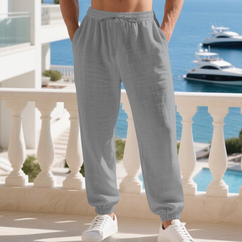 Four Seasons New Linen Men's Pants at Home Casual Simple Loose Wide-leg Ties Trousers