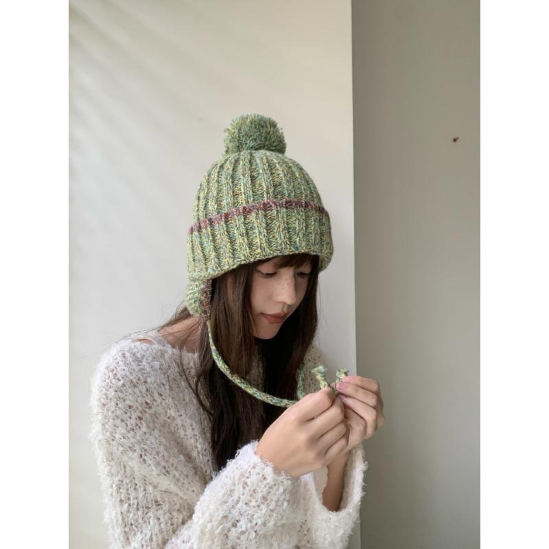 Fashion Knit Hat With Ear Flaps Tie Pom Pom Warm Winter Hat