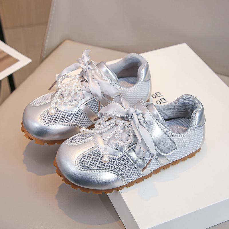 

Girls Casual Shoes Mesh Breathable Kids Princess Shoes Ribbon Bowtie 2025 New Girls Sports Shoes Hook&loop Sweet Trendy Comfort 23 серебряный