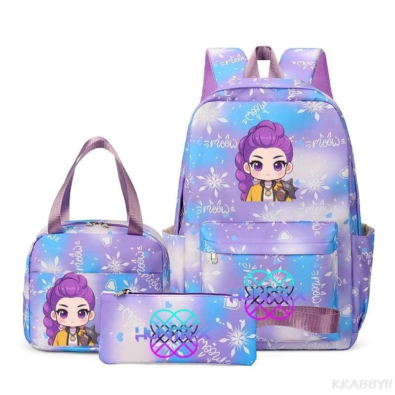 KPOP Nylon 3 Piece Set School Backpack for Students with Cartoon Print Air Cushion Design