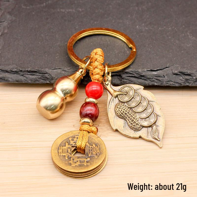 Brass Five Emperors Coin & Pixiu Keychain with Abacus, Gourd & Dragon Talisman for Wealth Attraction