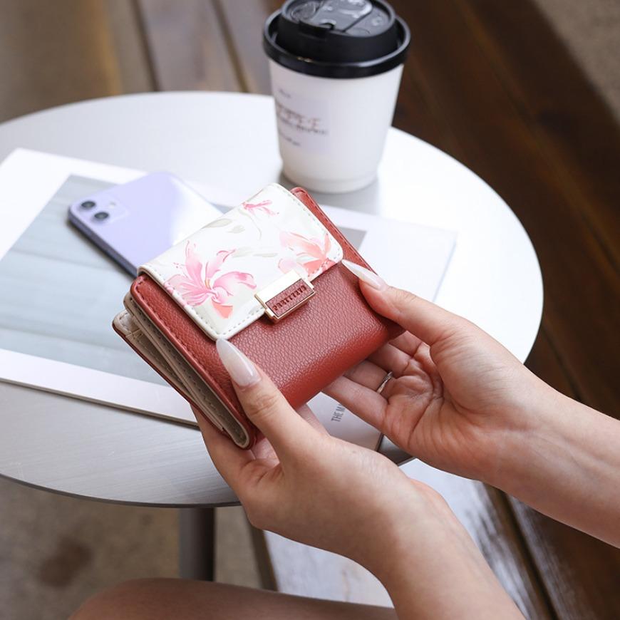 PU Leather  Loose Change Printed Buckle Folding Zipper Student Coin Card