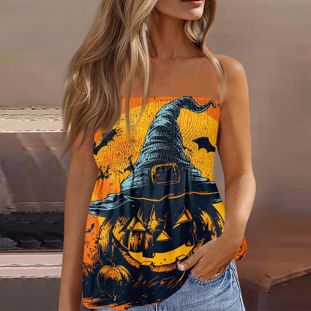 Letní topy bez ramínek pro ženy, Roztomilé sexy tílko s potiskem bez rukávů odhalující ramena
