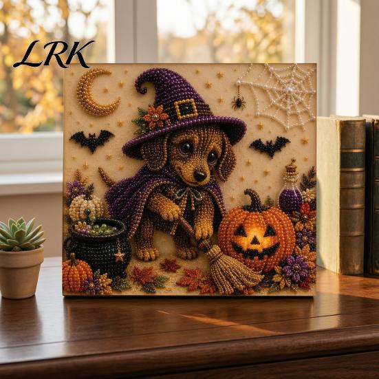 Halloween Puppy Witch Decor Faux Pearl Painting Kit, Ghost 3D Art Craft Stress Relief for Adults Beginners, Home Wall Decor, DIY Gift Cute Party