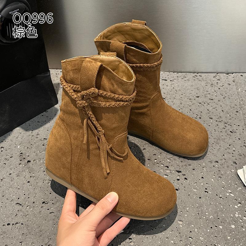 Short boots autumn new retro western boots flat-bottomed stacking boots casual fringed Martin boots