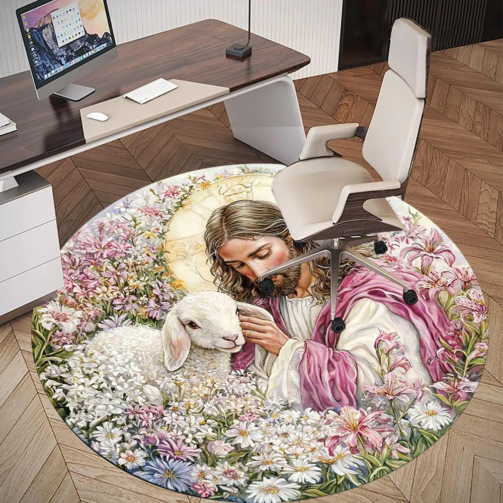 1pc Jesus Shepherd Lamb Round Chair mat office Area Rug - Non-Slip, Floor Mat for Office, Bedroom, Ideal home decor gift c0112106