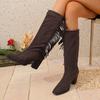Tassel Block Heel Tall Boots Fashion Round Toe Side Zip Non-Slip High Heel Shoes for Women