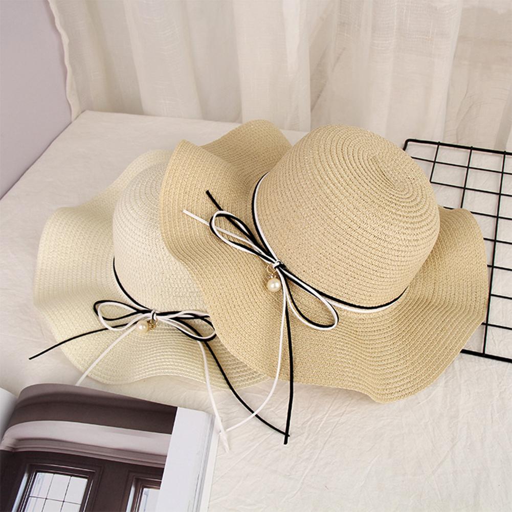 Women Summer Elegant Bowknot Pearl Beach Cap