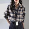 Women's Dark Blue Retro Plaid Shirt Jacket - Autumn/Winter 2025 New Korean Style Long Sleeve Top