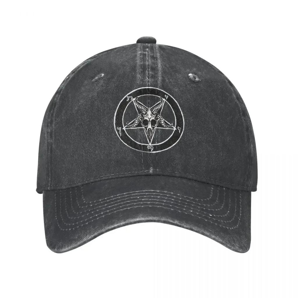 Casquettes de Baseball Unisexes Pentagramme de Baphomet Pentagramme Occulte Crâne de Bouc Chapeaux Lavés Usés Casquette Chapeau Snapback d'Été Vintage