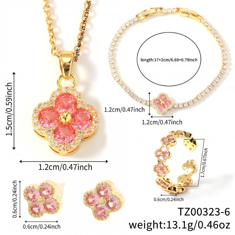 Elegant Four-Leaf Clover Floral Rhinestone Jewelry Set Women Earrings Necklace Bracelet Ring Chic Fashion Accessory