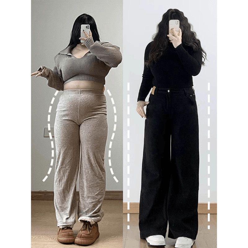 

Plus Size Women s Black High Waist Straight Leg Jeans - Autumn Slimming Wide Leg Pants 5XL - 175-200 lbs
