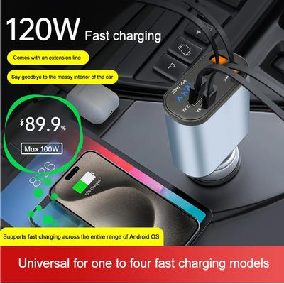 120W Superschnellladung 4 IN 1 Einziebares Autoladegerät USB C Kabel Für IPhone Huawei Samsung Zigarettenanzünderadapter PD QC3.0
